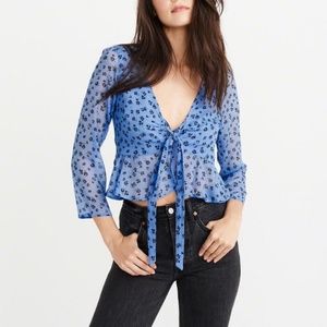 Blue Tie Front Chiffon Top